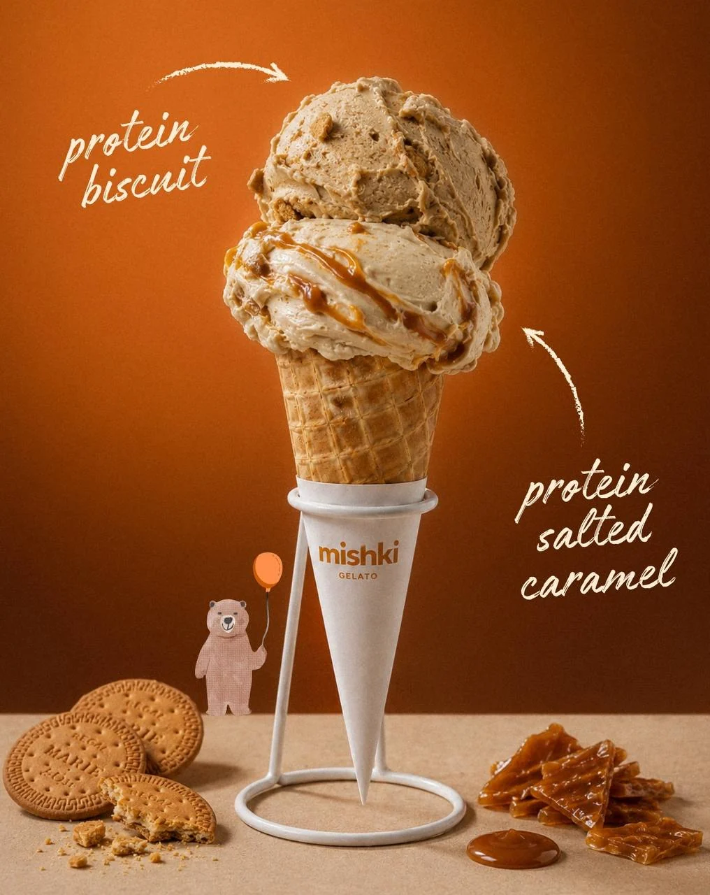 Double-scoop cone: Protein Biscuit and Protein Salted Caramel