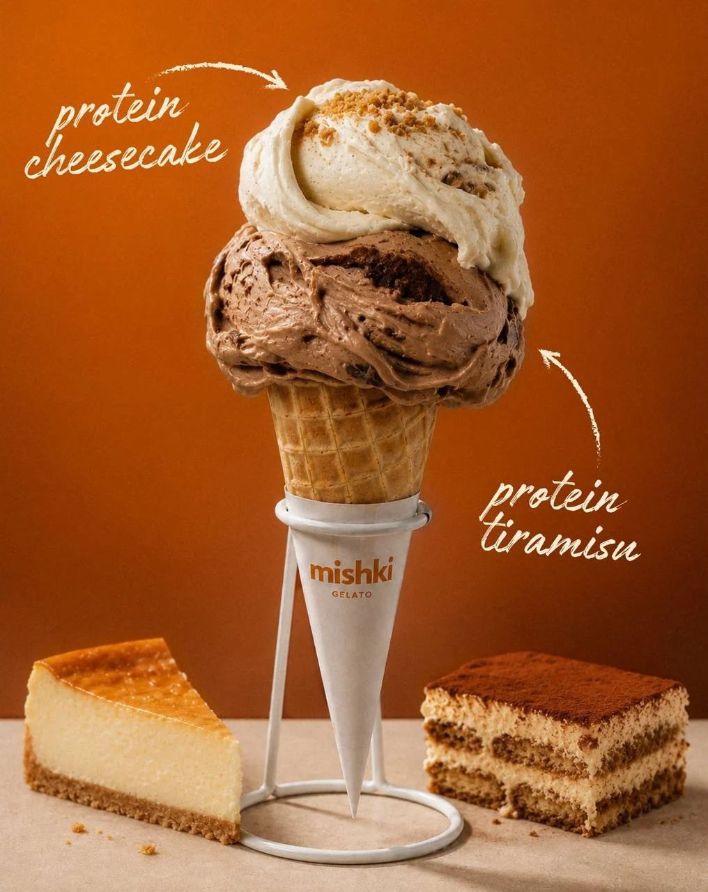 Double-scoop cone: Protein Cheesecake and Protein Tiramisu