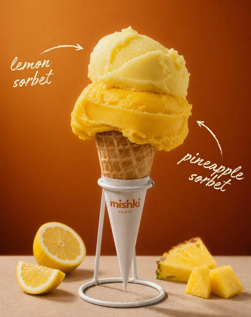 Double-scoop cone: Lemon sorbet and Pineapple sorbet