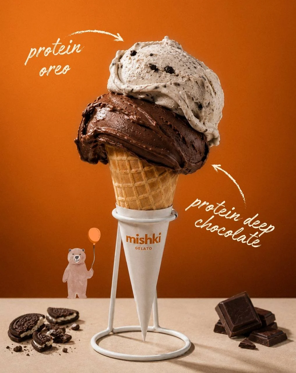Double-scoop cone: Protein Oreo and Protein Deep Chocolate