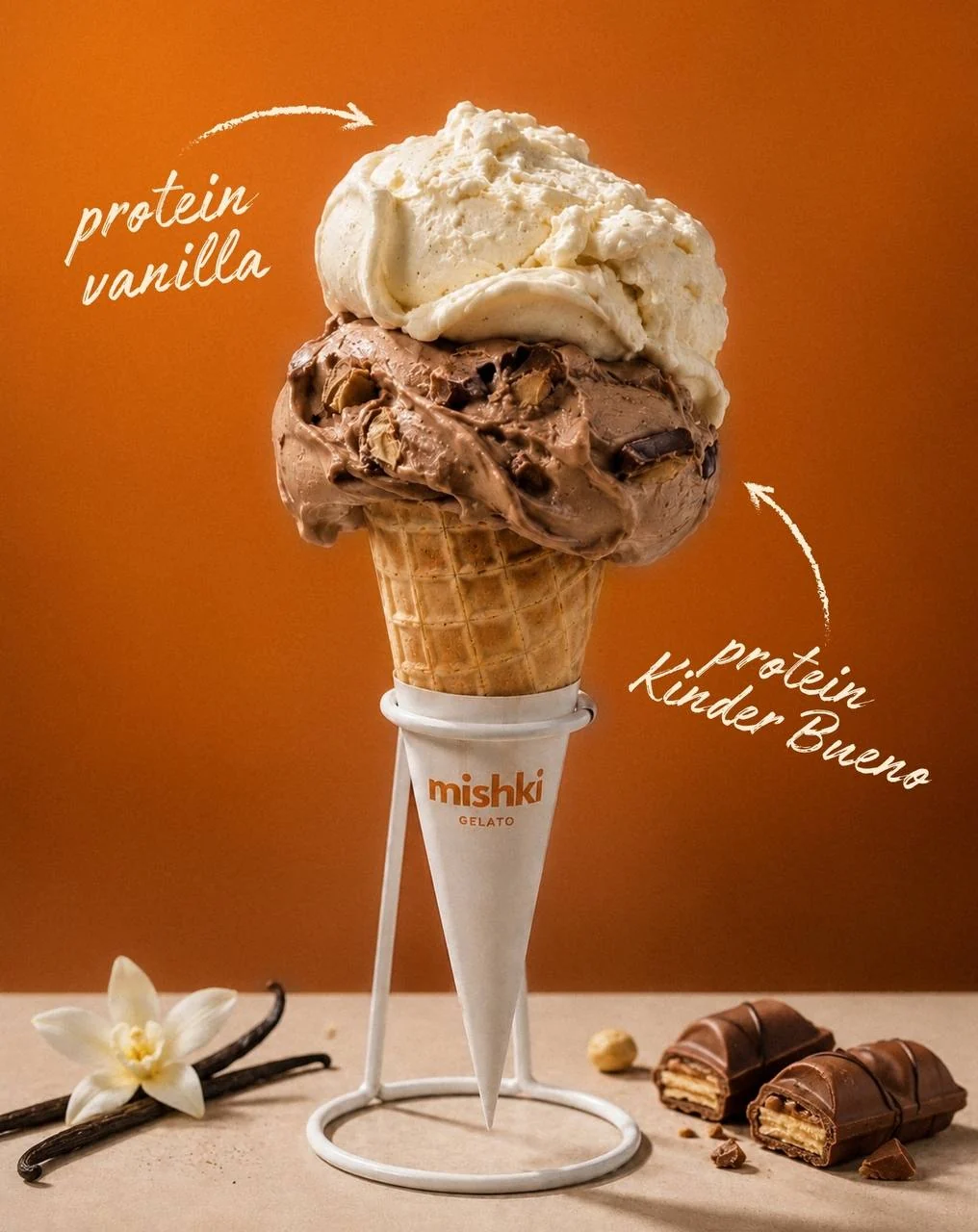 Double-scoop cone: Protein Vanilla and Protein Kinder Bueno